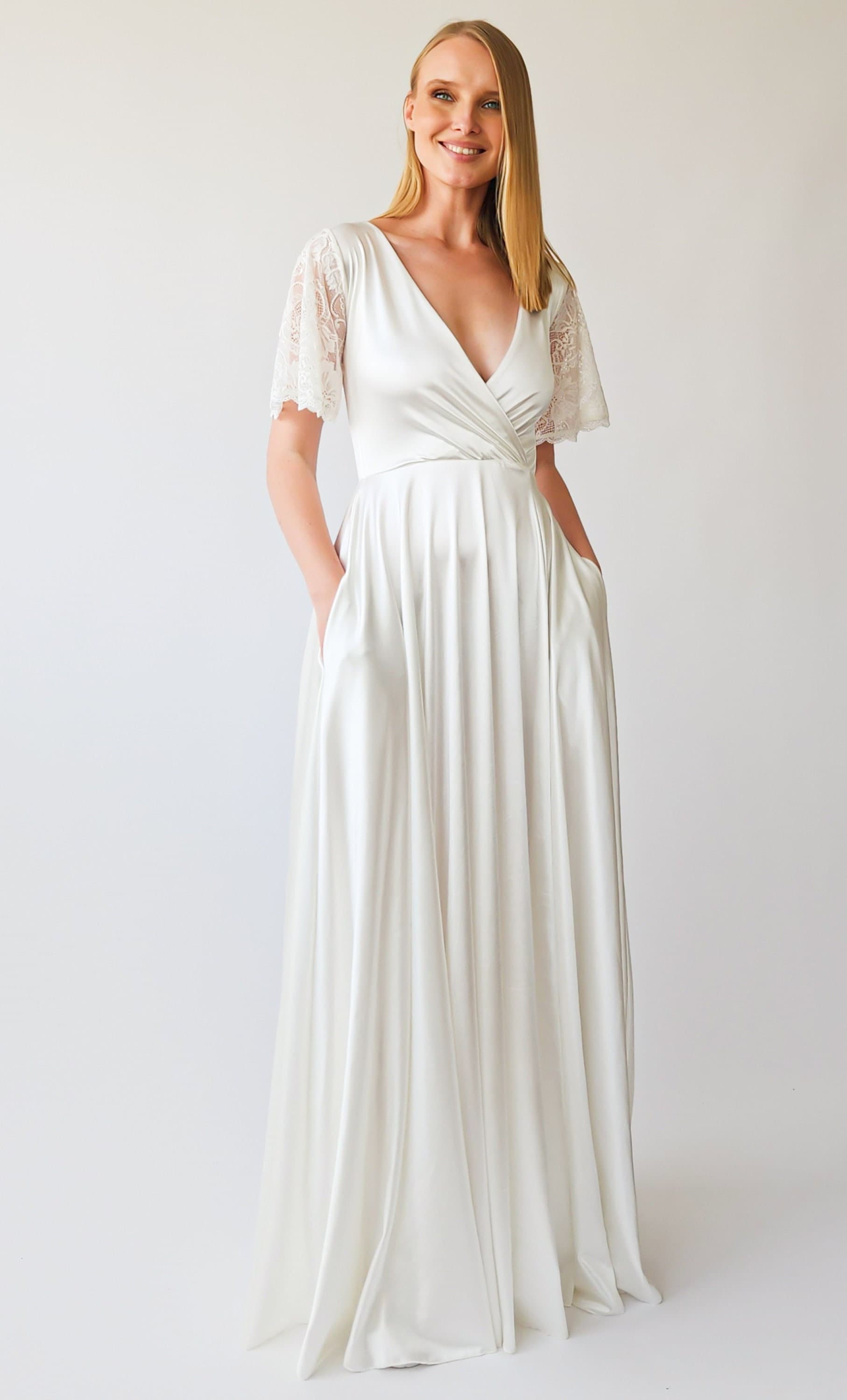 Ivory Satin Wrap Wedding Dress: Lace Flutter Sleeves, Maxi Gown With Pockets - Etsy Ivory Satin Wrap Wedding Dress: Lace Flutter Sleeves, Maxi Gown With Pockets - Etsy