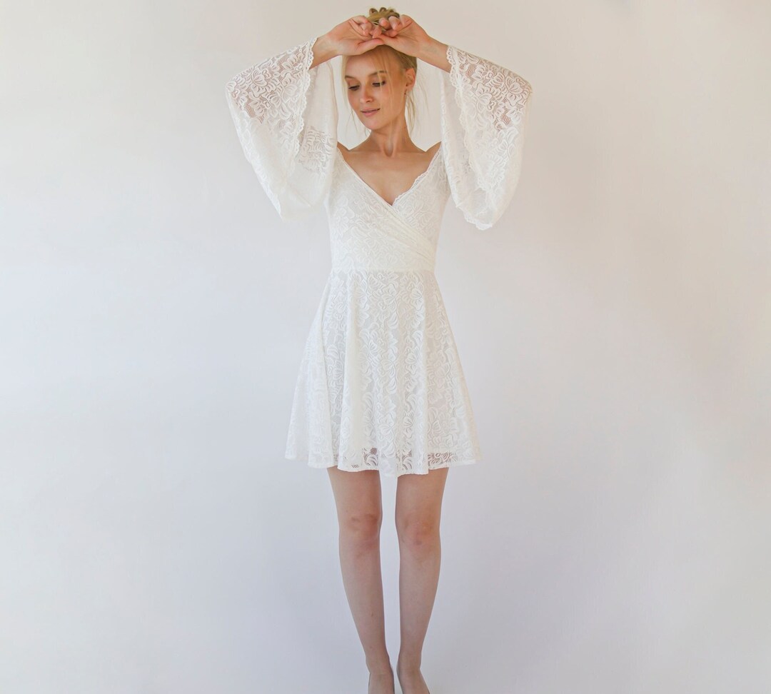 Off the Shoulder Mini Length Wedding Dress With Bell Sleeves #1370 - Etsy