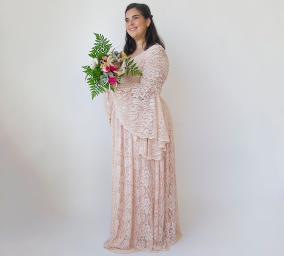 Blush Pink Lace Dress: Bohemian Flare Sleeves, Pastel Wedding Gown Blush Pink Lace Dress: Bohemian Flare Sleeves, Pastel Wedding Gown
