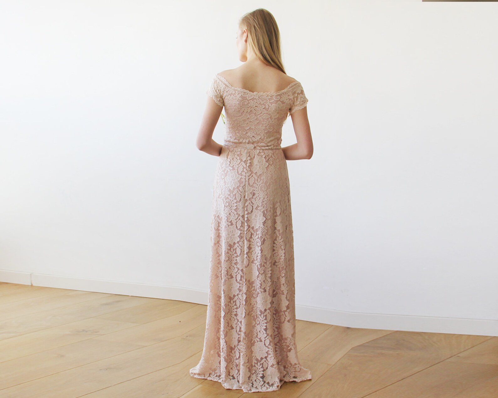 Lace Bodice Off-Shoulder Floor-Length Gown Ivory main image 1