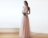 Blush Pink Backless Tulle Maxi Dress #1086