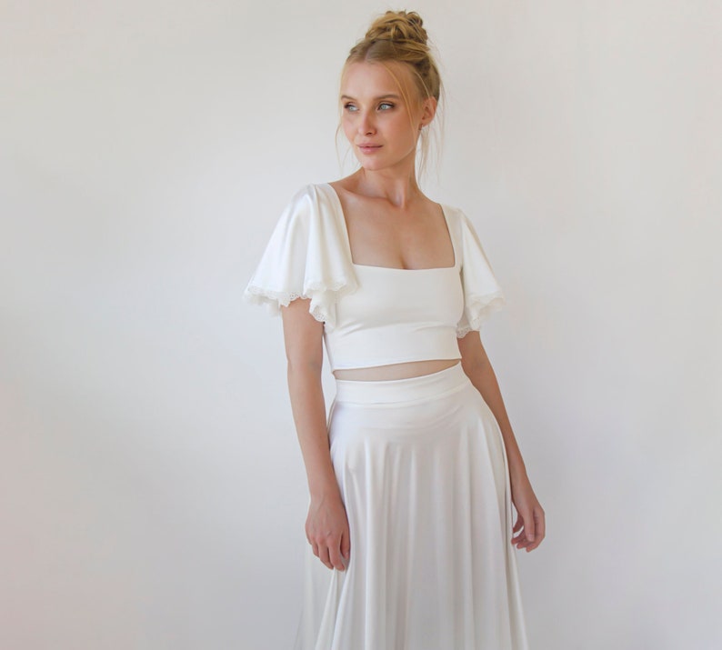 Two Piece wedding outfit, Silky Wedding Maxi Skirt and Silky Top with squire neckline 1354 image 1