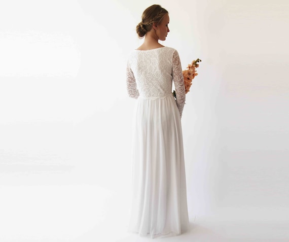 DIDIDD Bride Married Long-Sleeved Shoulder Lace Lace Wedding Dress,White,XS