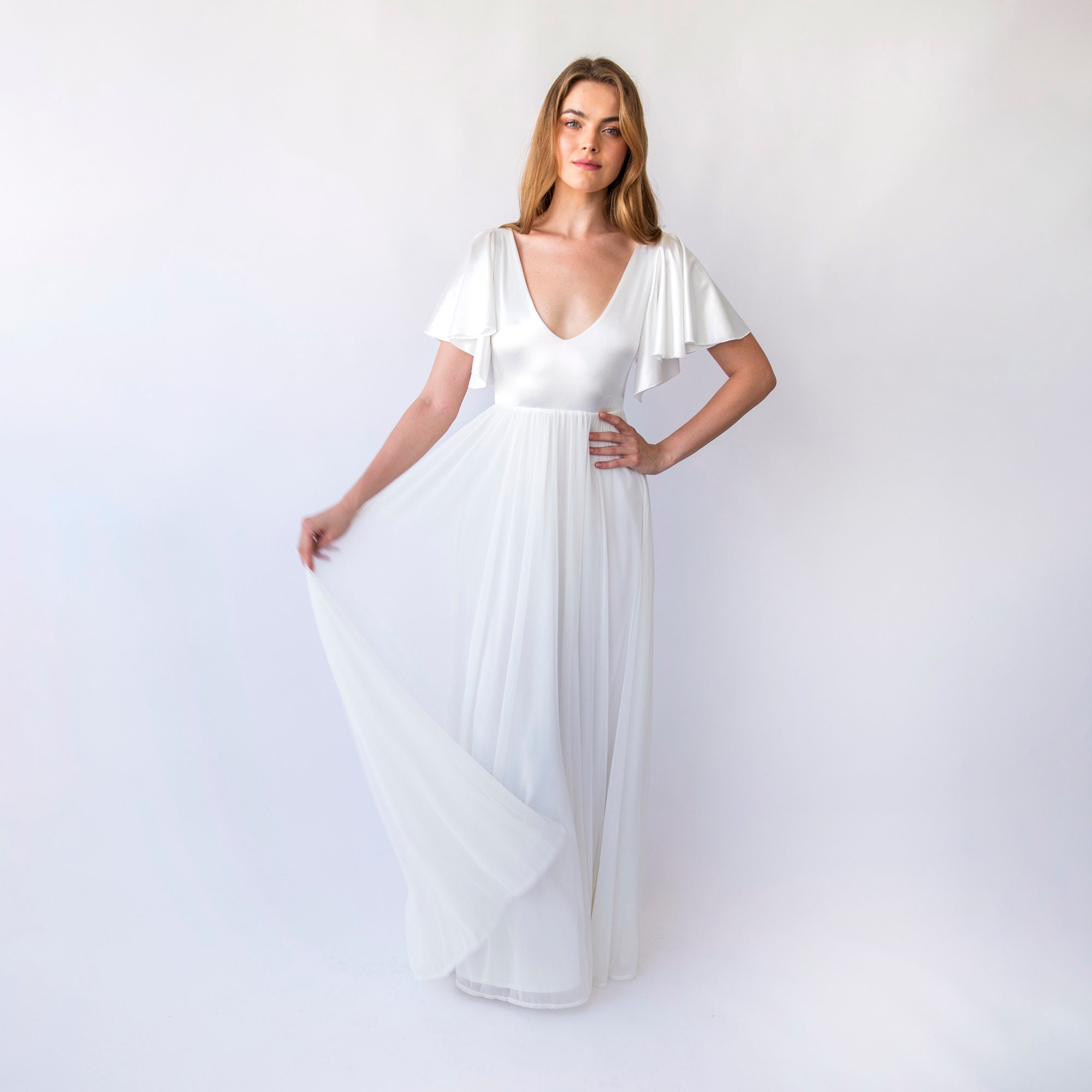 Satin Ivory Flutter Sleeves Romantic Wedding dress , Chiffon mesh Skirt Vintage Style #1450