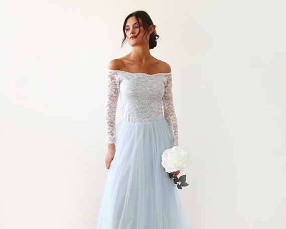 blue ivory wedding dress Two Piece Ivory Lace Dusty Blue Tulle Short Sleeves Wedding Party Dress 18W