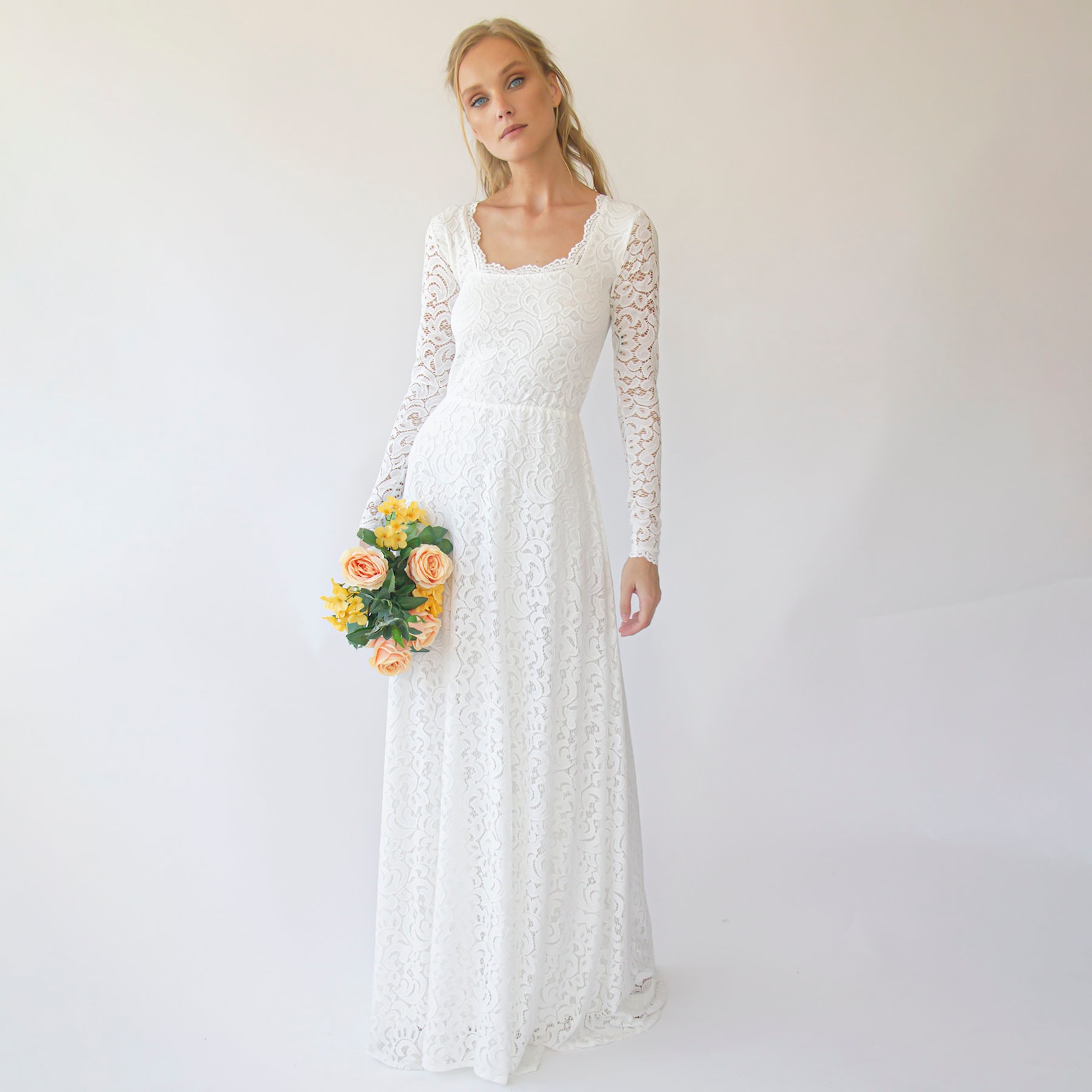 Vintage Square Neckline Embroidered Dress