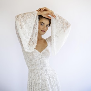 Lace Wedding Dress with Bell Sleeves & Champagne Lining | Vintage Boho Bridal Gown | Romantic Slit Lace Wedding Dress  #1488