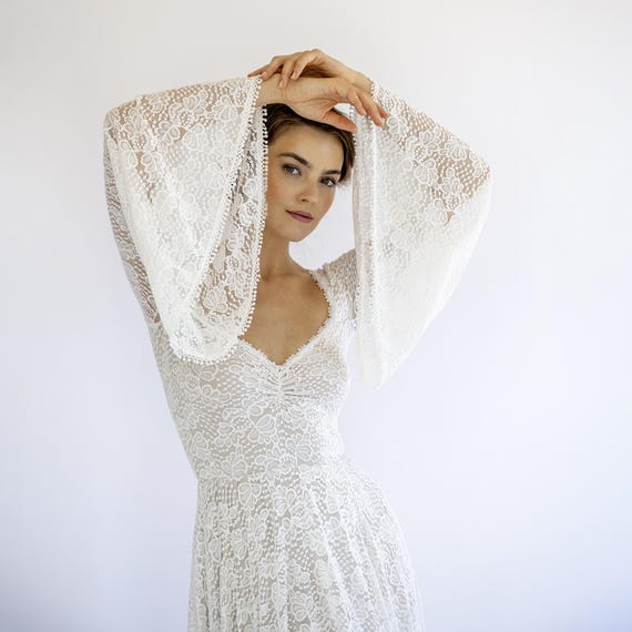 Lace Bell Sleeve Wedding Dress: Champagne Lining, Boho Bridal Gown