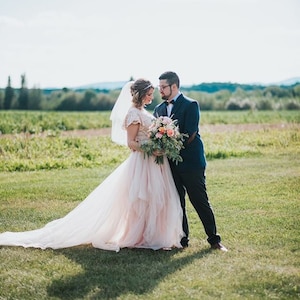 Fairy Blush pink wrap lace bohemian wedding dress, butterfly sleeves ,Pastel wedding dress 1293 image 1