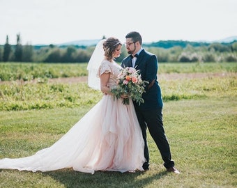 Fairy Blush pink wrap lace bohemian wedding dress, butterfly sleeves  ,Pastel wedding dress #1293