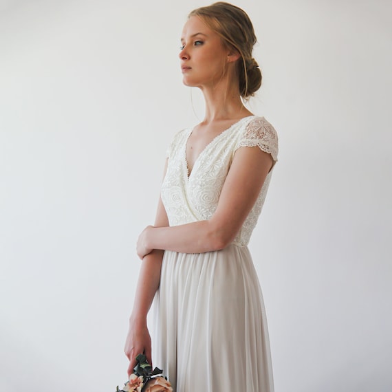 Ivory Short cape sleeves lace wedding dress, with Champagne chiffon mesh  skirt, Romantic wedding dress #1234