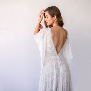 Bestseller Vintage Style Open Back, Deep V Neckline Angel Sleeves Bohemian Pearly White Wedding Dress 1468 image 5