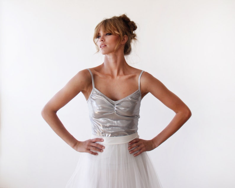 Sale Silver top with spaghetti straps, Metallic party silver top 2008 image 2