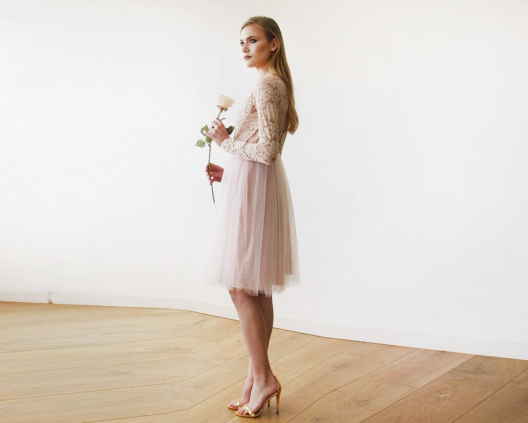 Short Wedding Dress , Blush Pink Tulle & Lace Midi Long Sleeves Dress  ,pastel Wedding Dress 1144 -  Canada