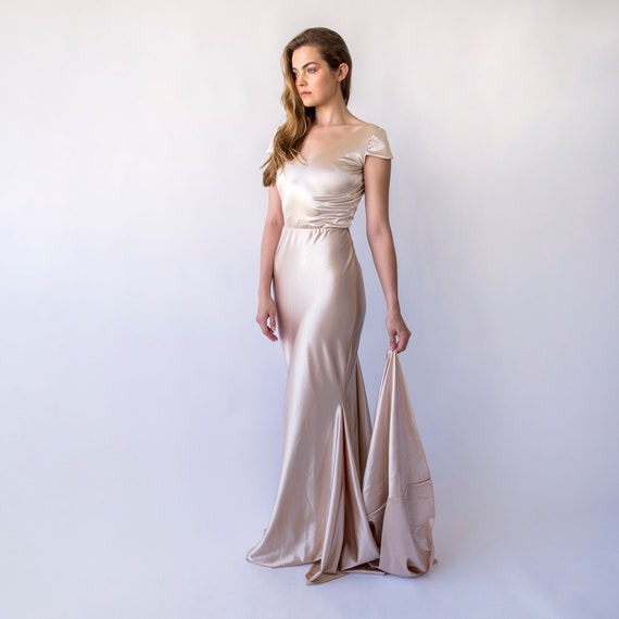 white christmas dresses Elegant Strap Champagne Satin V-Neck Ruffle Dress Open Back Tie-Up – EDITE  MODE main image 1