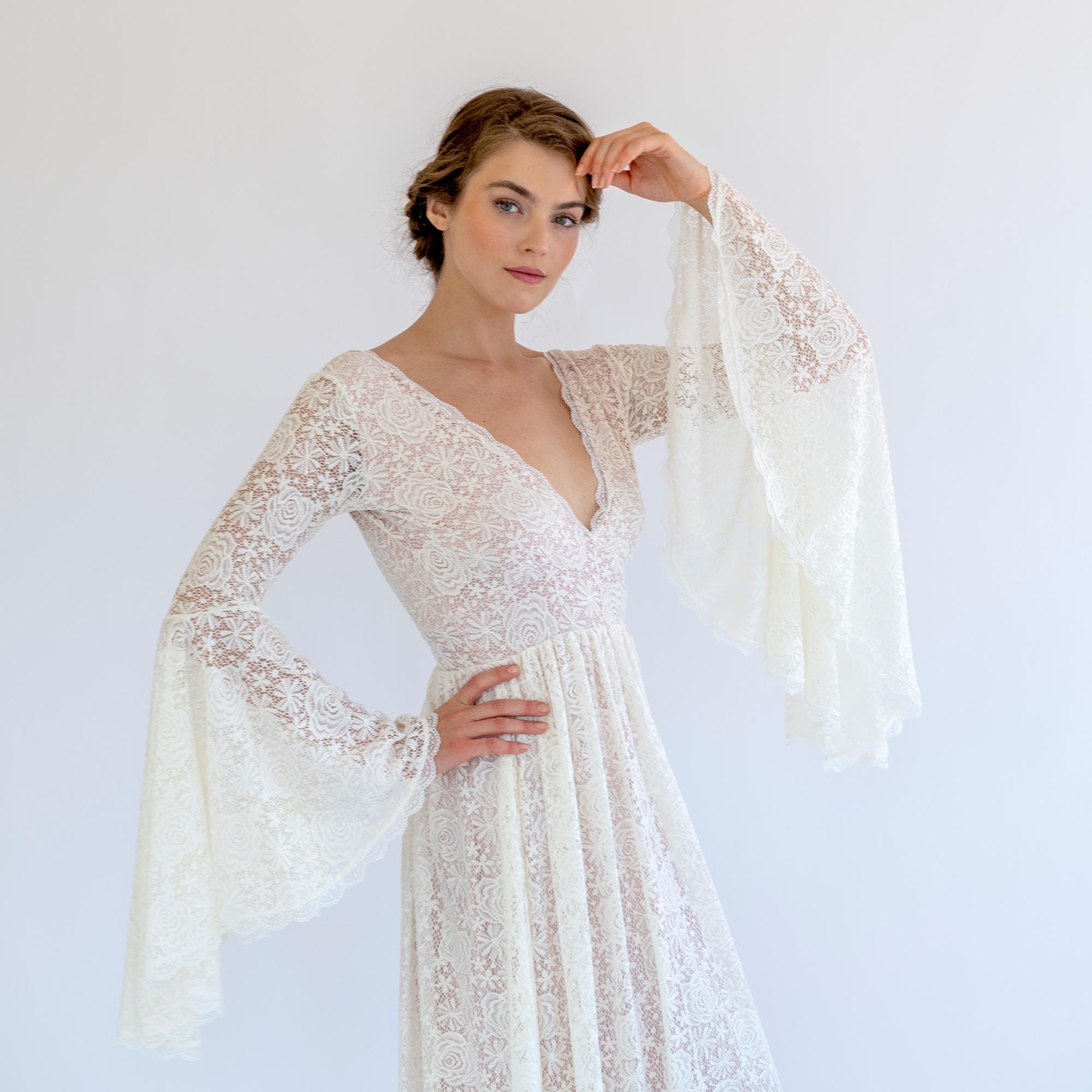 v neck wedding dress with bell sleeves Stacees 2026 Boho Bridal Sheer Floral Appliques open V neckline shows off the decolletage beautifully and opens to your face Boho Lace Wedding Dress with