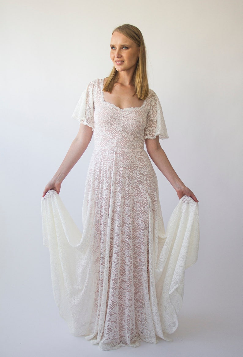 Ivory Blush Sweetheart Lace Wedding Dress with Short sleeves 1396 image 8