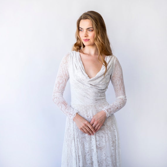 Ivory Lace Wedding Gown: Vintage Style Draped Neckline, Long Sleeves
