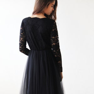 Black tulle and lace long sleeves gown, Tulle and lace black maxi dress 1125 image 4