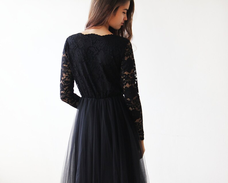 Black tulle and lace long sleeves gown, Tulle and lace black maxi dress 1125 image 4