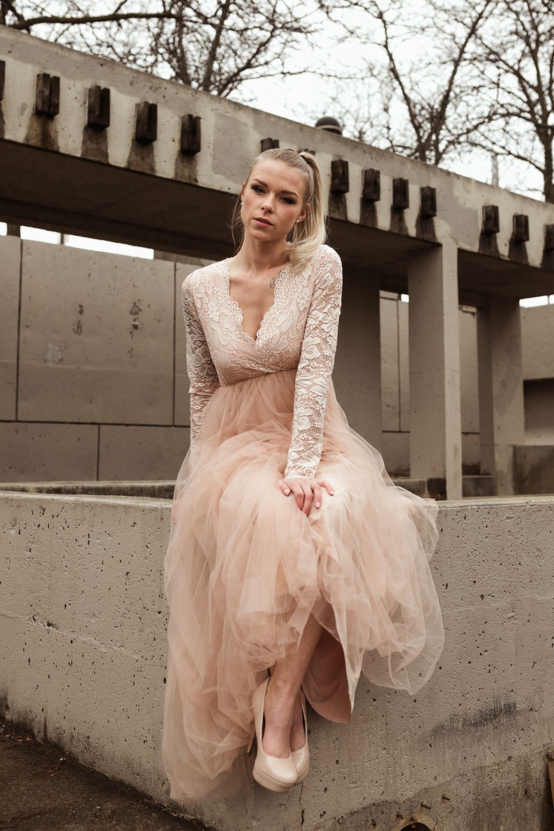 Blush Tulle and Lace dress ,Pastel wedding dress 1125 image 7