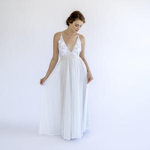 Boho Lace Wedding Dress with Champagne Lining | Elegant Spaghetti Strap Bridal Gown | Flowing Chiffon Skirt | Romantic Bohemian Style #1510