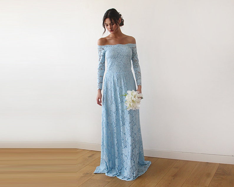 Off-The-Shoulder maxi lace long sleeves dress 1119 Light blue wedding dress