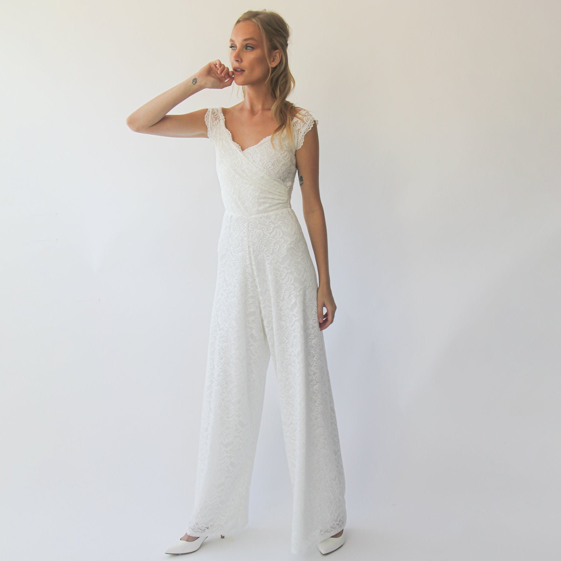 Ivory Short sleeves bridal Lace wedding Jumpsuit , Bridal romper #1300
