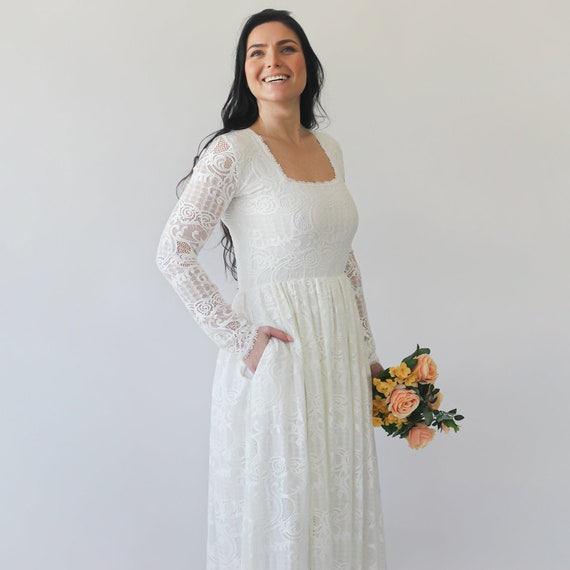 Boho Ivory Square Neckline Dress With Pockets #1263 - Etsy