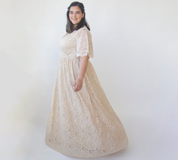 Curvy Butterfly Sleeves Champagne Wedding Dress with Pockets #1331