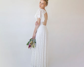 Vestido de novia con espalda abierta, vestido de novia de manga corta de encaje #1360