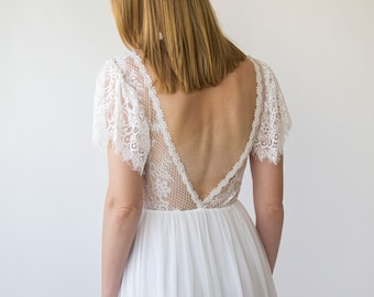Ivory Vintage Lace Flutter Sleeves, Backless wedding dress, #1386