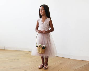 Midi pink Tulle and lace sleeveless Flower Girls Dress #5047