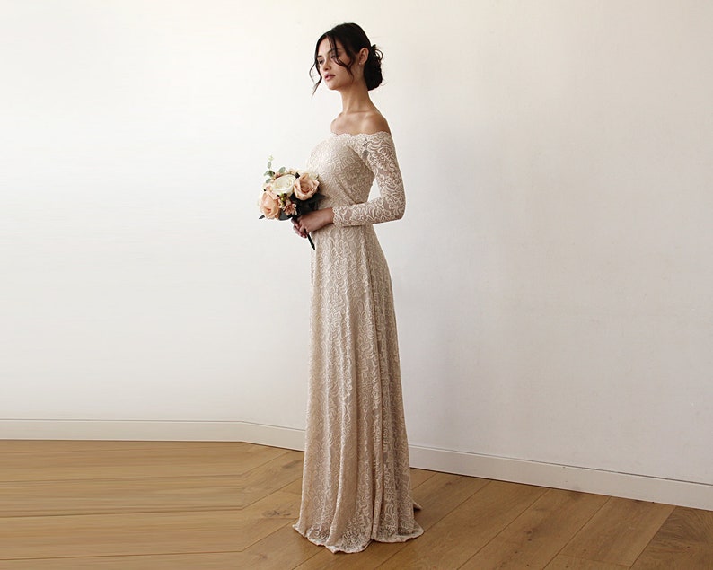 Champagne Off-the-shoulder  Embroidered Long-sleeved Bodycon Dress main image 0