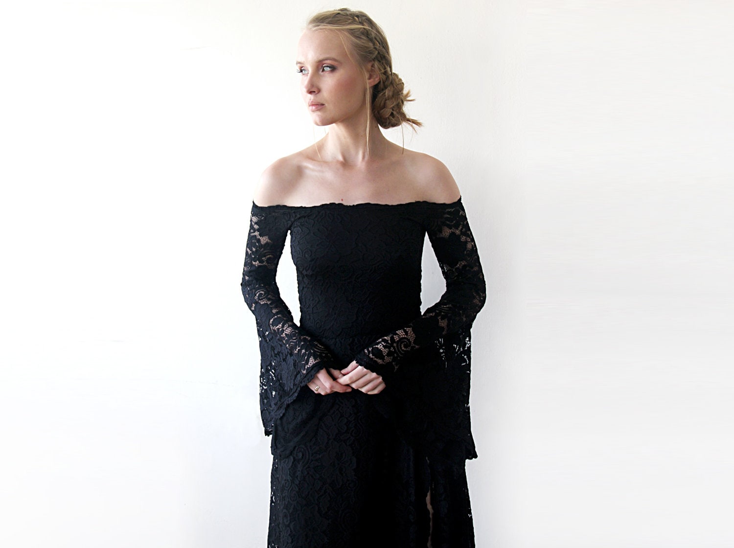off the shoulder long sleeve mother of the bride dress Ivonne D by Mon Cheri