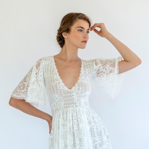 Boho Lace Wedding Dress with Champagne Lining and Pockets | Bell Sleeve Bridal Gown Vintage Dress #1476