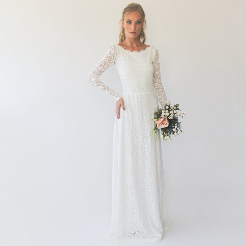 1930s Style Wedding Dresses | Art Deco Wedding Dress     Bestseller Ivory Long sleeves boat neckline modest wedding dress  #1297  AT vintagedancer.com