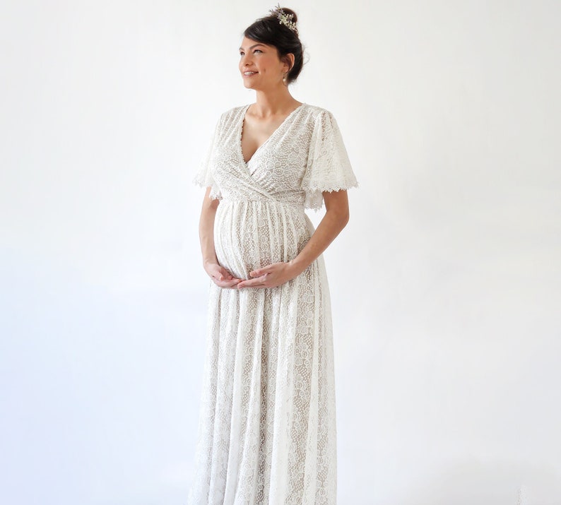 Maternity Ivory Pearl lace bohemian wedding dress with pockets image 1