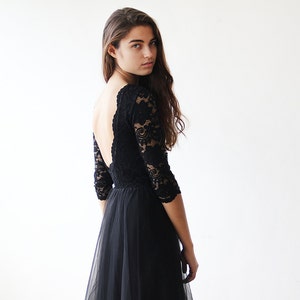 Black tulle and lace open back gown, Lace backless and tulle gown 1122