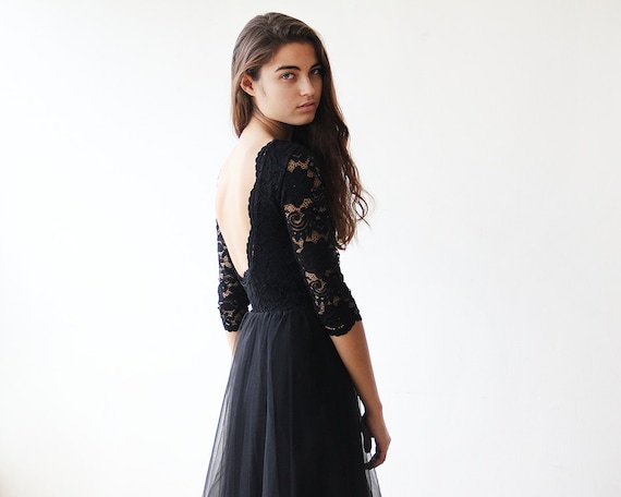 chinese dress ladies 3/4 Sleeves Knee Length Lace Mother of The Bride Dress, Black