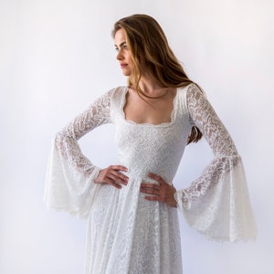 Bestseller Bohemian Ivory Chic Square Neck & Ethereal Bell Sleeves: Lace Bridal Gown  #1460