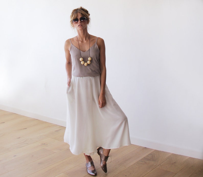 White summer skirt 3008 Chiffon white skirt-pants with pockets