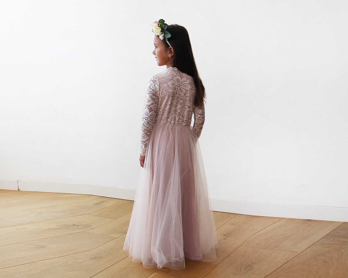 Blush Pink Tulle Lace Gown: Long Sleeve Maxi Dress
