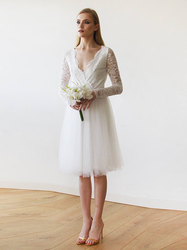 Ivory Tulle /& Lace Midi Long Sleeves Dress 1144