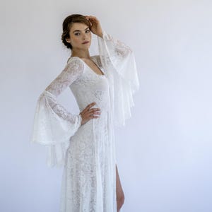 Boho Lace Wedding Dress: Bell Sleeves, Champagne Lining, Slit Gown
