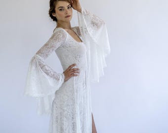 Boho Lace Wedding Dress: Bell Sleeves, Champagne Lining, Slit Gown