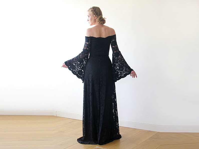 Long Bell Sleeve Lace Dress, Off-Shoulders Lace Boho Dress, Bohemian Black Dress, Formal Lace dress 1201 image 3