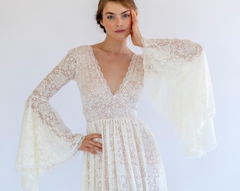 Boho Lace Bell Sleeve Wedding Dress: Deep V-Neck, Blush Lining