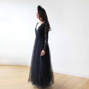 Black tulle and lace long sleeves gown, Tulle and lace black maxi dress 1125 image 2