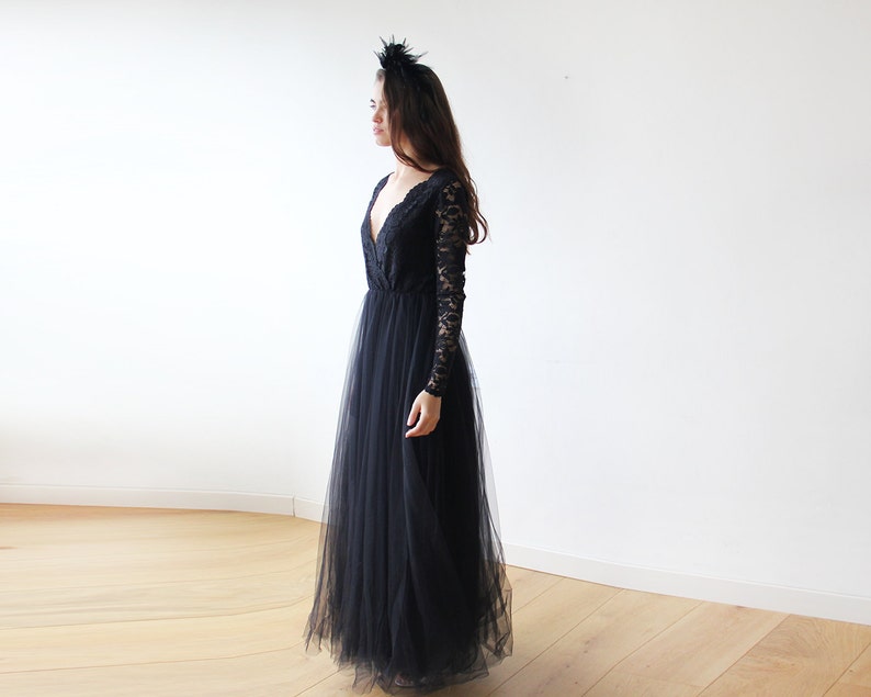 Black tulle and lace long sleeves gown, Tulle and lace black maxi dress 1125 image 2